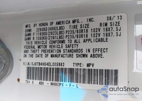 2014 Acura Rdx from USA, damaged, VIN 5J8TB4H54EL005983